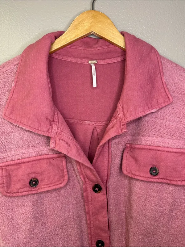 Free People Ruby Oversized Shirt Jacket Pink Shacket Distressed Cotton - Image 7