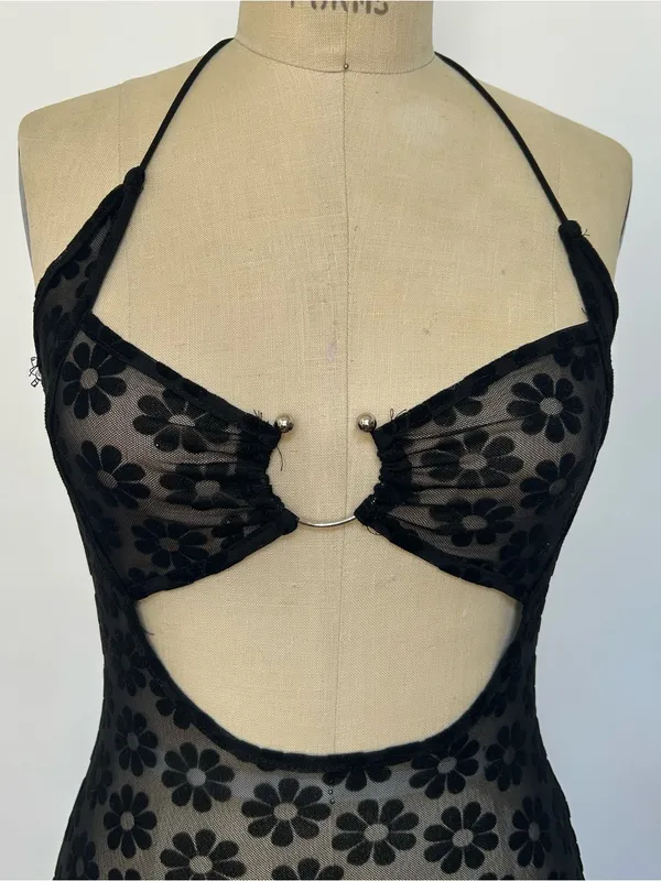Sheer Floral Cutout Halter Maxi Dress - Black - Image 2