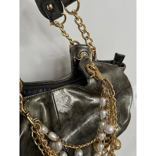 Women's Y2K Slouchy Hobo Patent Leather & Gold Chunky‎ Charm Green Purse Handbag - Image 5