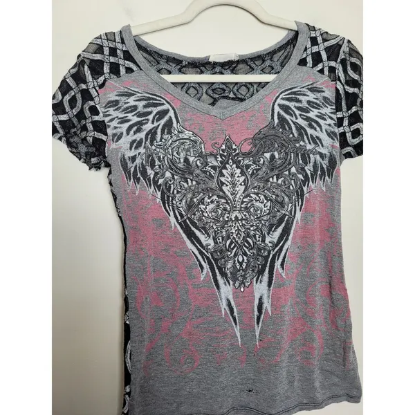 Angels & Diamonds Graphic T-Shirt Demonia Affliction Goth Emo Grunge Mesh Small - Image 2