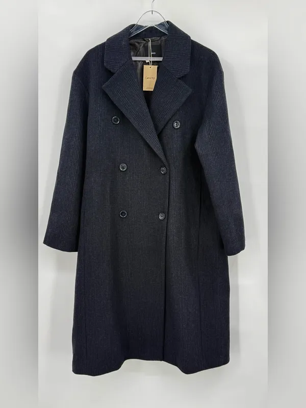 MANGO Double Breasted Pinstripe Long Wool Blend Coat Navy Dark Grey Women’s XXL - Image 3