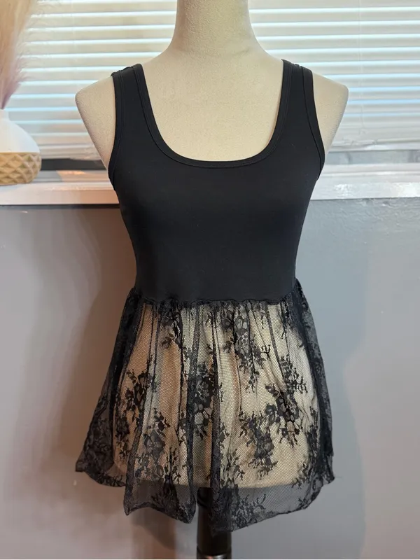 Black Lace Peplum Tank Top Fairy Grunge Coquette Goth Balletcore Y2K - Image 3