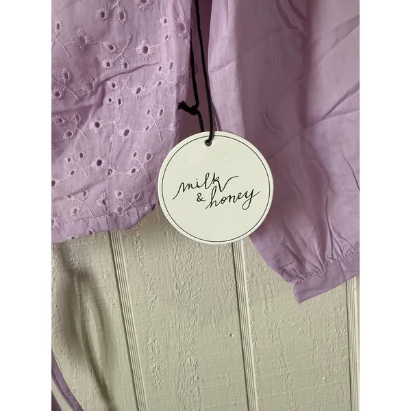 Milk & Honey Lavender Eyelet Ruffle Crop Top Purple Lace Up Back Long Sleeve M - Image 2