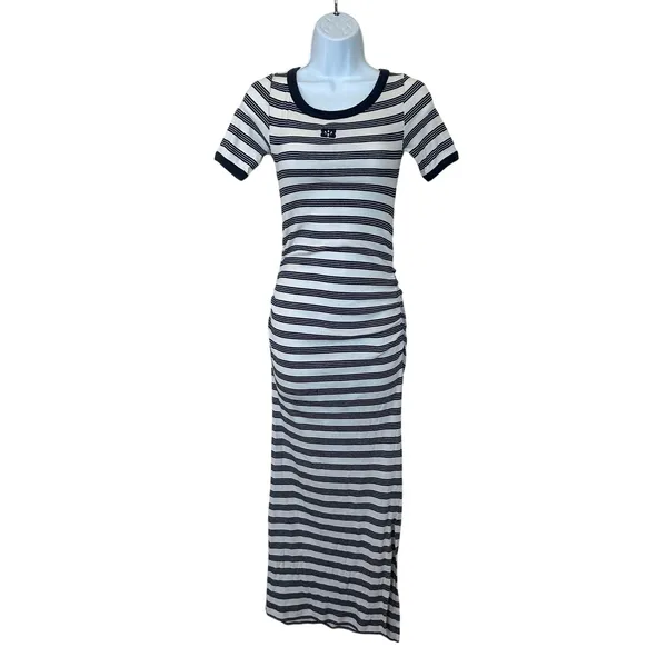 Ganni Blue White Striped T-Shirt Dress SMALL Ruched Knit Designer $325 Flaw - Image 6