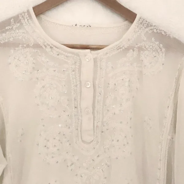 Boho Embroidered Sequin Chiffon Sheer Tunic Top‎ Womens Size L Cream Festival - Image 2