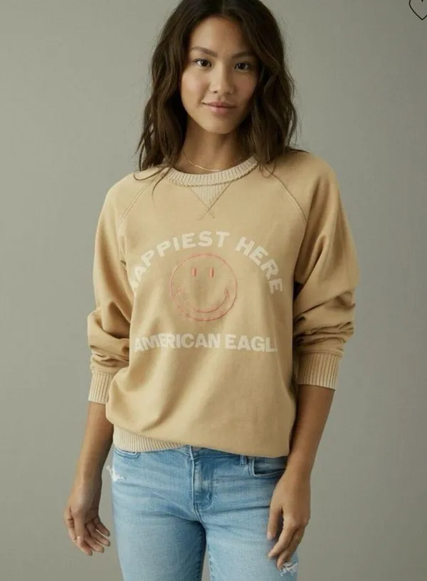 American Eagle Funday Graphic Happiest Here Smiley Tan Sweatshirt - size XL - Image 10