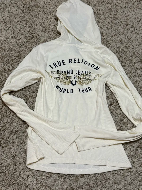 Y2K True Religion Cream Ribbed Rhinestones Wings Long Sleeve Hooded Henley Top - Image 2