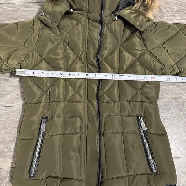Weatherproof Olive‎ Green Quilted Puffer Jacket Faux Fur Trim Hood Women's Sz L - Image 14
