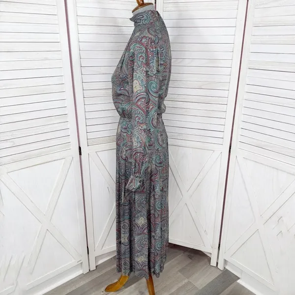 Vntg J.G. Hook Paisley Pleated Mock Neck Maxi Dress Green Multi Size‎ 4 Heritage - Image 2