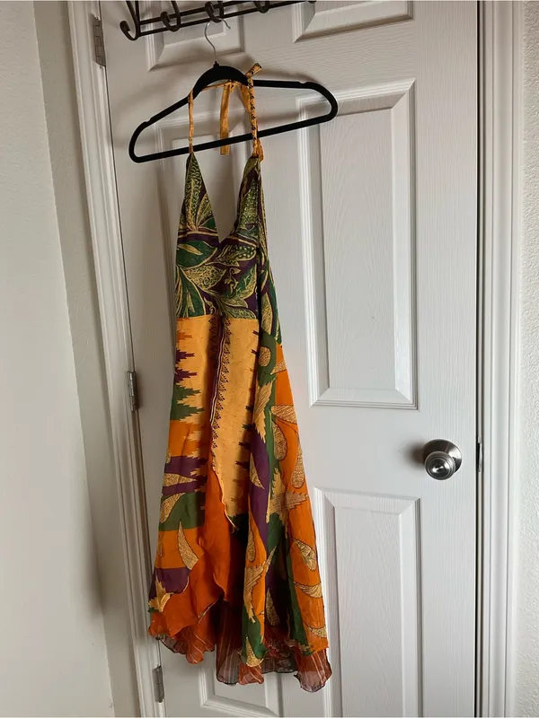 Raj 100% Silk Boho Halter Dress Size S Multi-Color Patchwork India - Image 2
