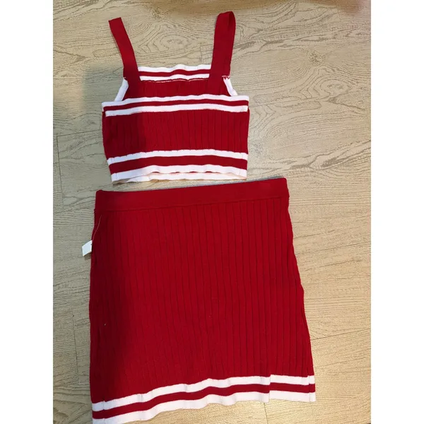 Freshman 1996 Womens Red White Cable Knit 2 Piece Crop Top and Mini‎ Skirt Set S - Image 3
