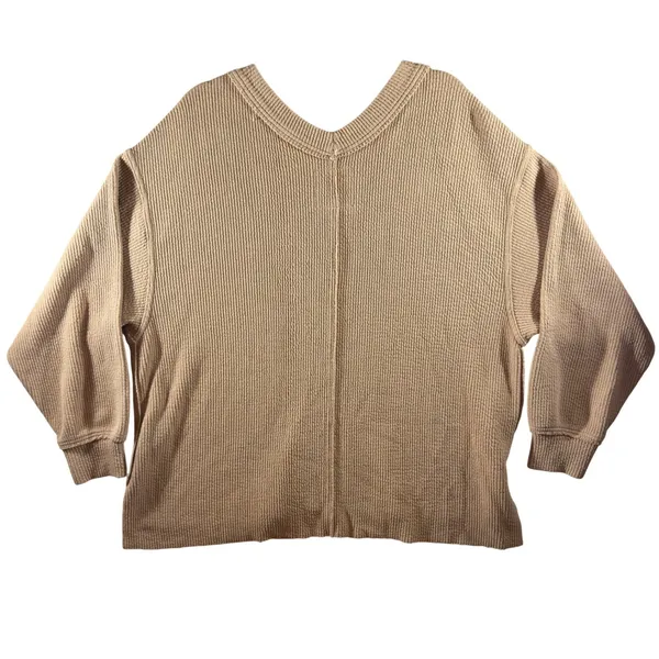 327 | Aerie Women Medium Oversized V-Neck Waffle Knit‎ Thermal Sweater Tan - Image 2