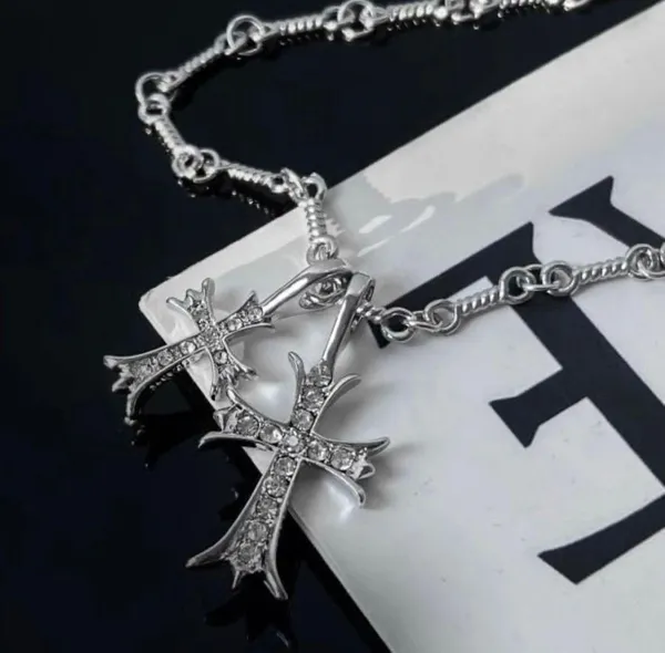 CZ Double Cross Pendant Necklace for Men Women Unisex Hip Hop Style - Image 2