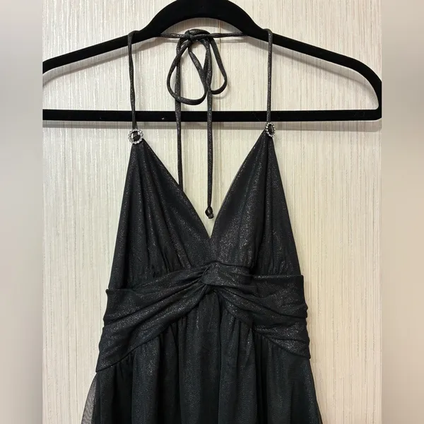 Express XS Black Metallic Sparkle Halter Mini Ruched Bodycon Tulle LBD Party Y2K - Image 5