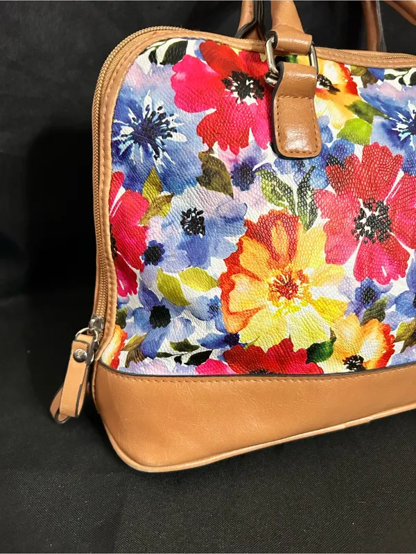 Bueno Floral Dome Satchel Handbag with Tan Trim & Red Interior - Image 6