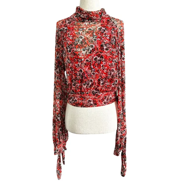 Free People Orange/Multicolor Mesh Floral Blouse Women's Top Size Medium | 26-40 - Image 3