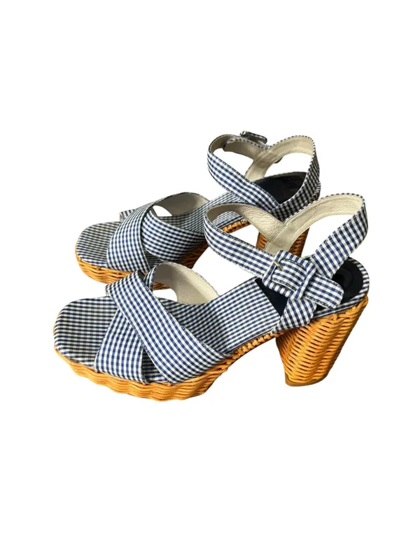 Jeffrey Campbell Amma platform sandals in blue gingham with wicker heel 9 - Image 6