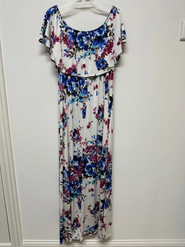White with bright Blue & Pink Floral On or Off the Shoulder Maxi Dress size 3XL - Image 5