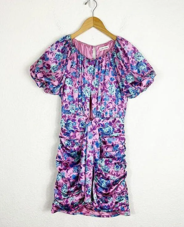 For Love & Lemons Tahiti Ruched Mini Dress Small Purple Floral Satin Cottagecore - Image 4