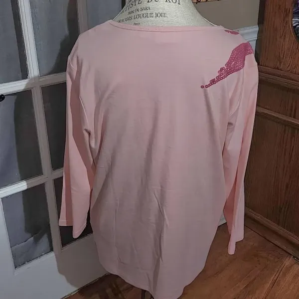 Quacker Factory Womens Light Pink Embellished Seguin Long Sleeve Shirt Top Large - Image 2