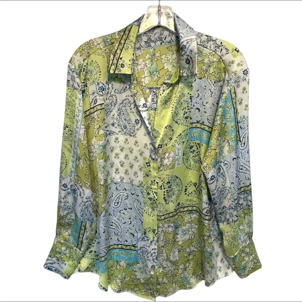 Zara Green and Blue Paisley Button-Down Shirt - Image 4