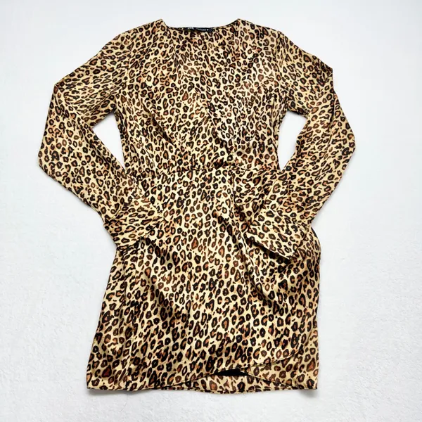 Zara Leopard Print Satin Mini Wrap Dress Womens Size S‎ Brown Animal Long Sleeve - Image 2