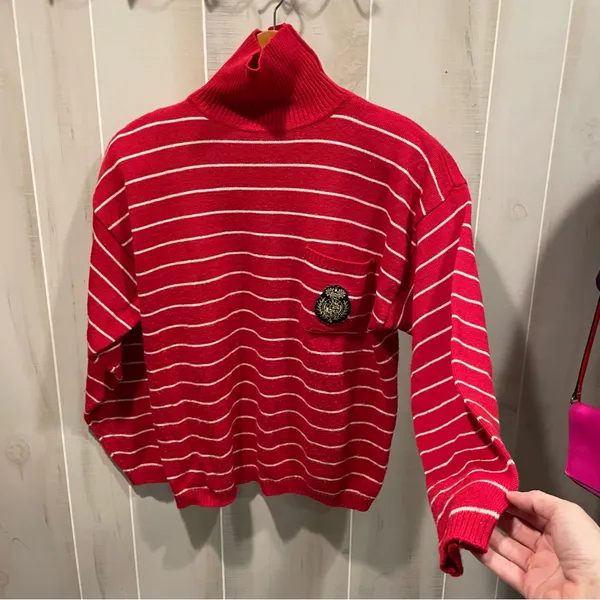 Cute vintage 80’s Chaus striped red white turtleneck sweater wool blend crested - Image 10