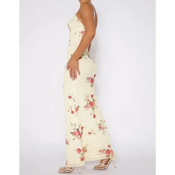 Women's Yellow Floral Sleeveless Cami Camisole Maxi Bodycon Slip Tank Dress Sz S - Image 2