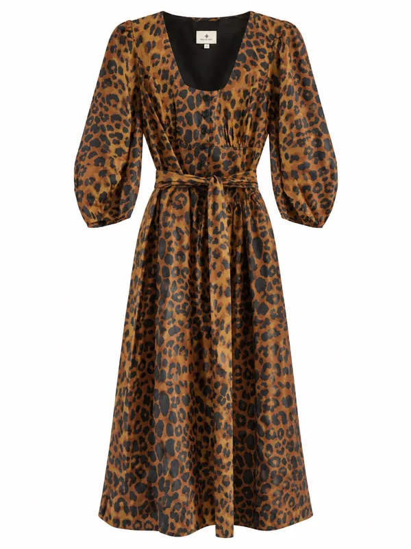 Tuckernuck Leopard Graciela Dress Womens 6 Brown NWT Square Neck Puff Sleeve - Image 4