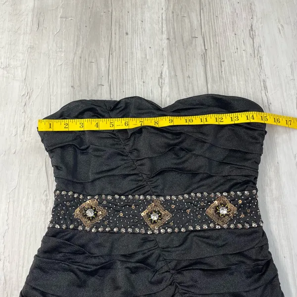 Nikibiki Black Strapless Ruched Gold Rhinestone Bling Bodycon Mini Dress Size M - Image 9
