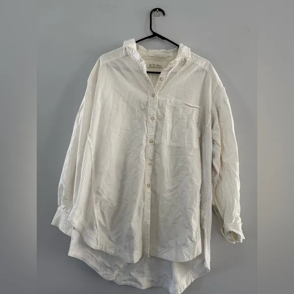 Free People Over Size Button Down Shirt Flannel Blouse Cotton White Cream Size M - Image 3