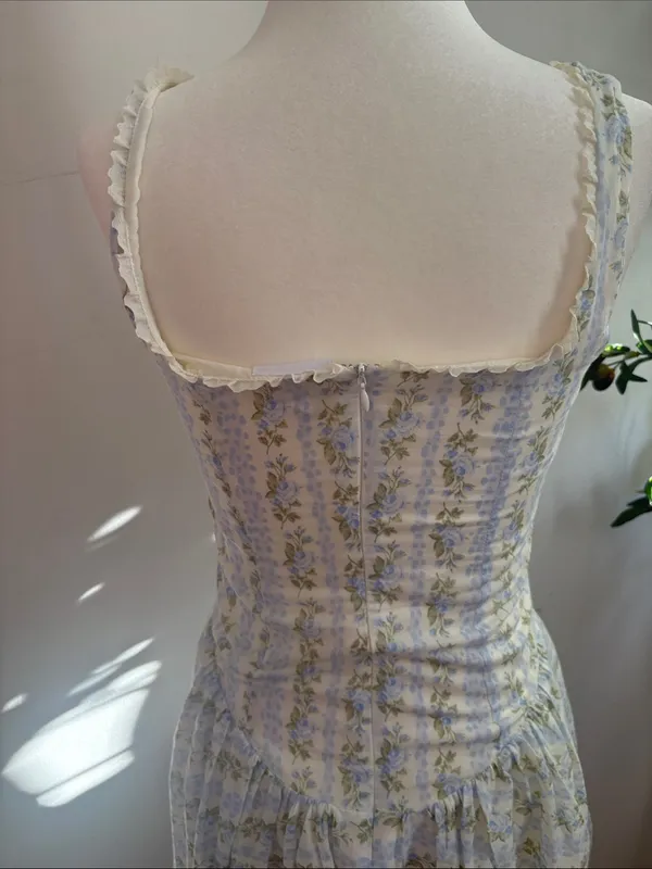 Vintage-Inspired Blue Floral Mini Dress with Cream Trim - Image 7
