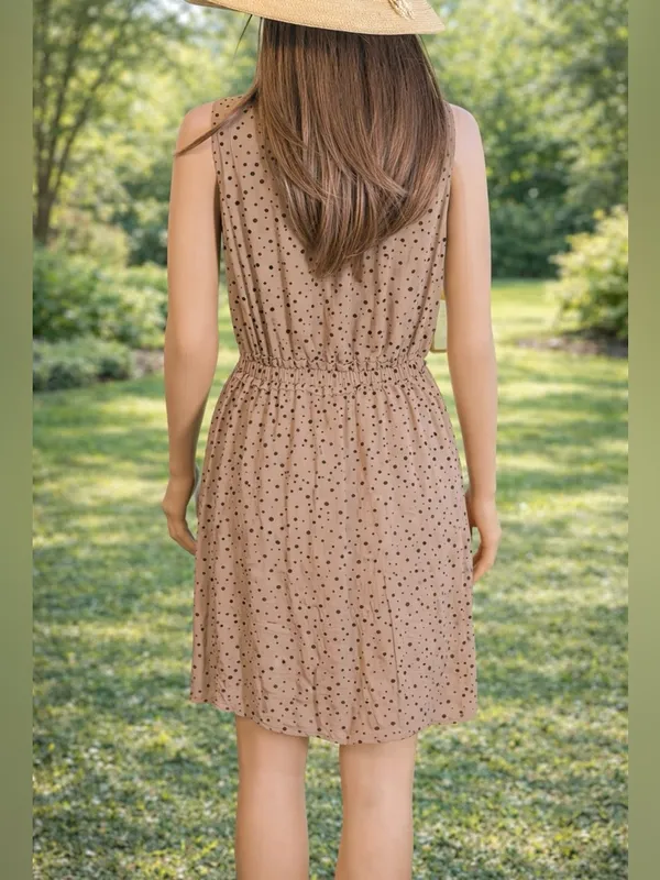 LOFT Petite XS Neutral Polka Dot Dress Tan Black Elastic Waist Lined Summer Mini - Image 5