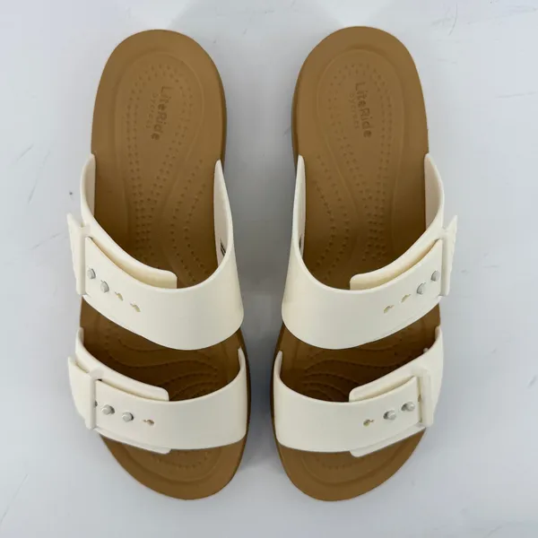 Crocs Brooklyn Buckle Low Wedge Sandal White Tan Women 6 Slip On Flip Flop New - Image 4