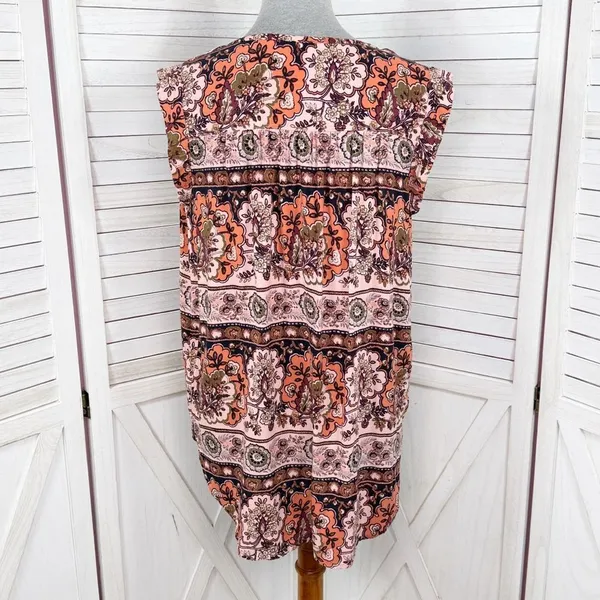 Loft Boho Floral Split Neck Sleeveless Tunic Tank Top Shirt Peach‎ Coral Medium - Image 5