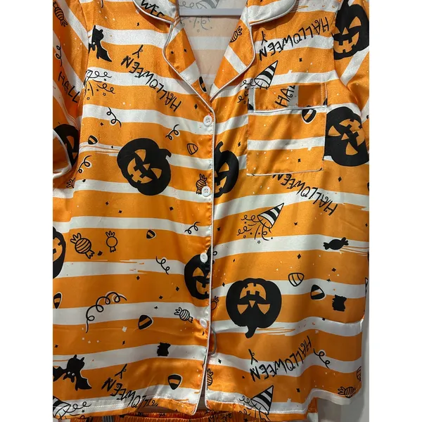 Halloween Pajama Set Pumpkin Bat Candy Satin Button Shirt Shorts XL Spooky Cute - Image 3