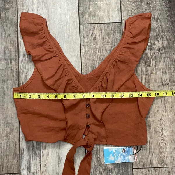 Cider NWT  Ruffle Button Up Knotted Cropped Tank Top Brown Size Small - Image 9