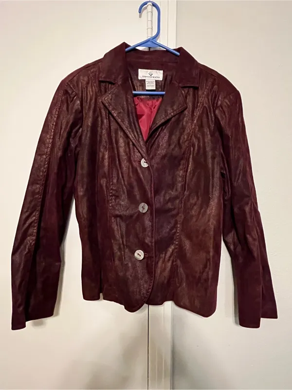 Vintage Erin London Women's Burgundy Button Up Textured Blazer Size L - Image 2