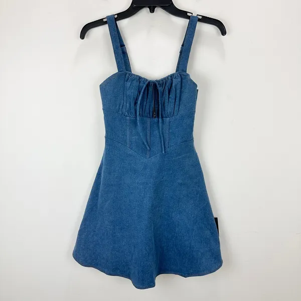 Lulus Considered Charisma Blue Chambray Bustier Mini Dress Cute A Line Small NWT - Image 5