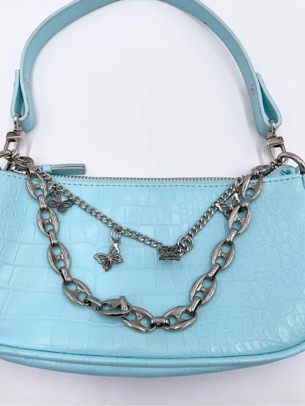 American Vintage Vintage Y2K Mini Bag Purse Baby Blue Croc Embossed Faux Leather Butterfly Charm - Image 2