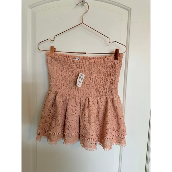Endless Rose Mini Skirt Women Size M Pink Smocked‎ Lace Ruffle Pom Pom Trim - Image 2