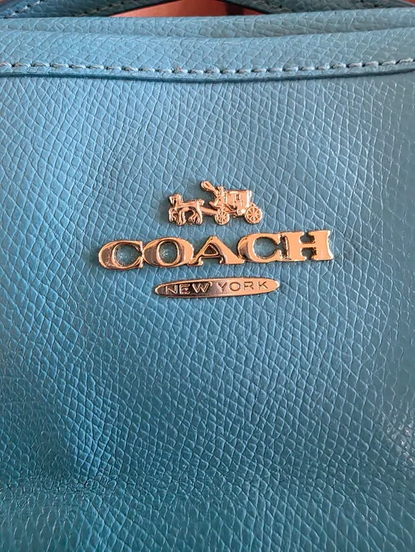 Vintage Coach Street Leather Tote Purse Handbag Shoulder Bag Gold Blue Zip Top - Image 4