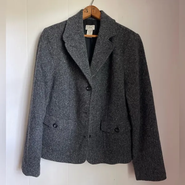 LL Bean Grey Herringbone Tweed Wool Silk Blazer Riding Jacket Heritage Classic - Image 8