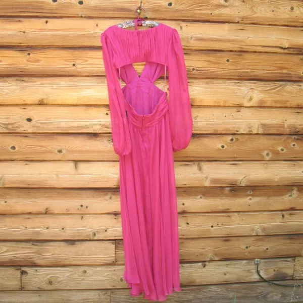 NWT Mac Duggal 55823 RUCHED CUT OUT PUFF SLEEVE A LINE GOWN Berry 12 - Image 10