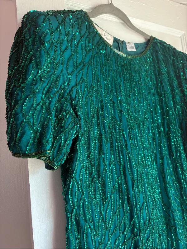 Vintage Laurence Kazar Emerald Green Silk Beaded Sequin Cocktail Dress Large - Image 3