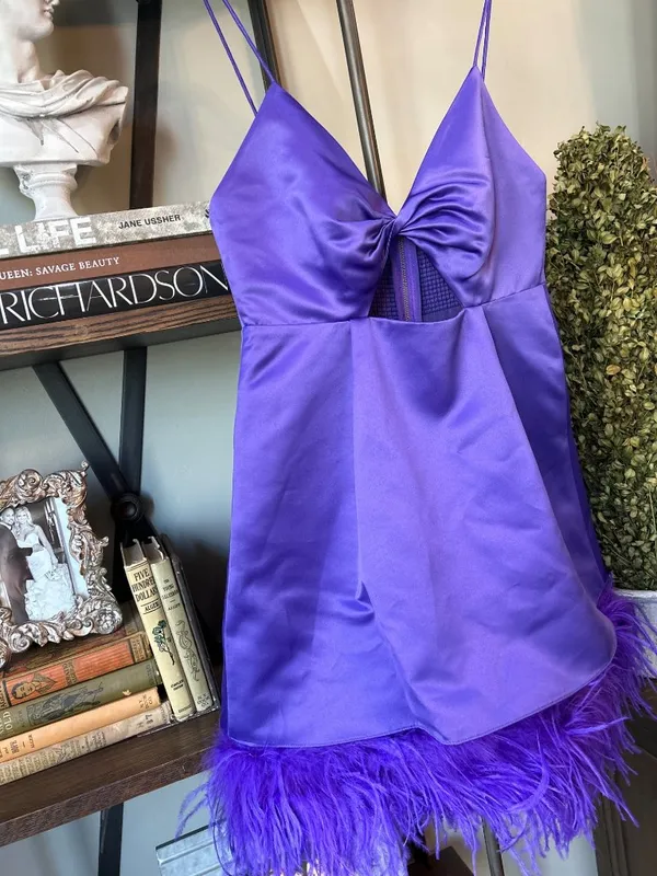 Alice + Olivia Necole Cutout Feather Hem Mini Dress Purple Womens 6 - Image 9