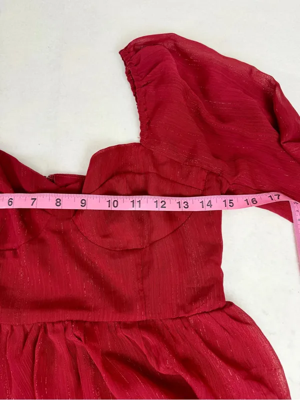Bohme Tiered Ruffle Mini Dress Red Shimmer Cottagecore‎ Boho Small - Image 5