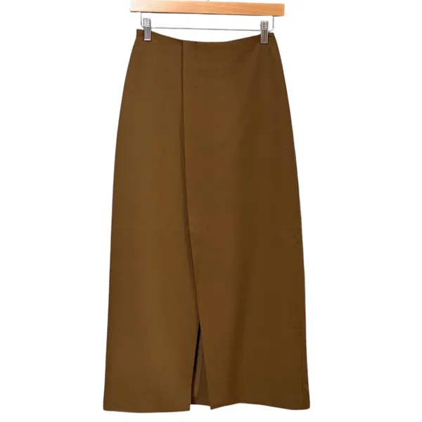 Commense Brown High Waisted Wrap Midi Skirt Front Slit XS 231021003‎ - Image 2