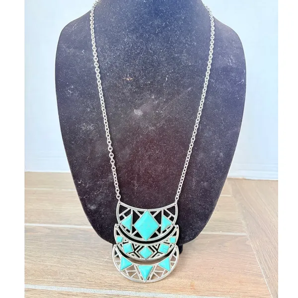 Silver Tone Faux Turquoise Articulated Bib Necklace Geometric Western Festival - Image 2