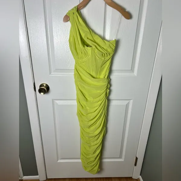 House of CB Green One Shoulder Valentina Lime Asymmetric Cut Out Midi Dress XS - Image 2